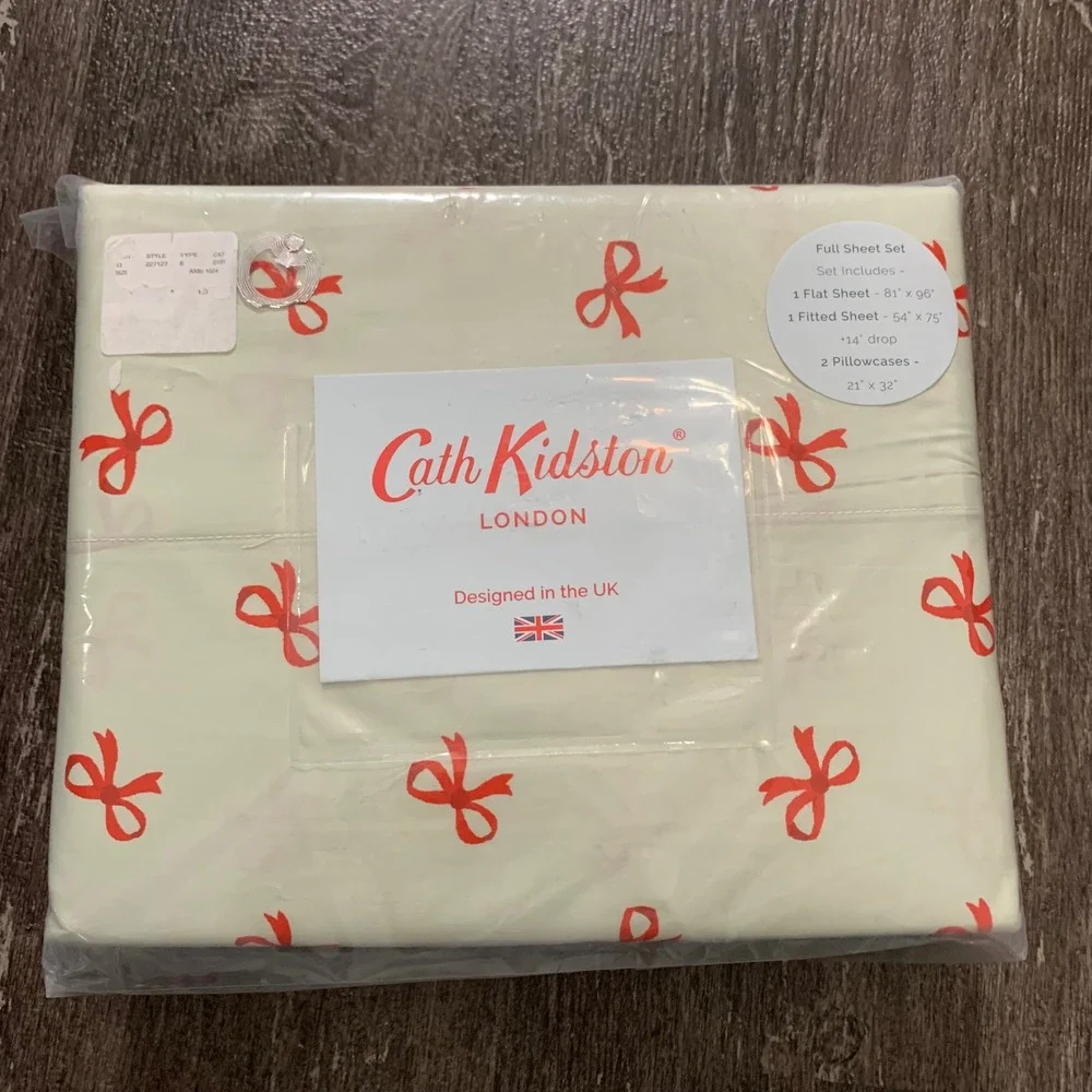 Cath Kidston Full Sheet Set Christmas Ruby Sage Red Bows 100% Cotton NEW